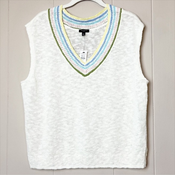 Talbots NWT Tipped V Neck Slub Vest Large Petite LP sweater knit white linen - Picture 2 of 11